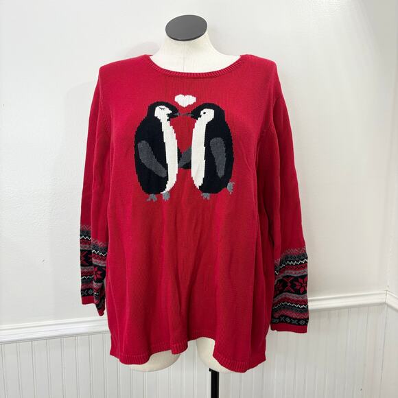 Coldwater Creek Plus Size 2X Penguin Sweater Red Winter Holiday Winter Christmas - Picture 1 of 13